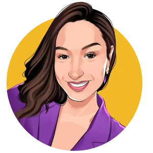 Digital illustration of a smiling woman, Charlène JULLIA (NAUTICSPARES), with long brown hair, wearing a purple blazer and gold earrings, on a yellow circular background.