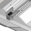 3D rendering of the NL0243 front position sensor installed on the rail of a NOVAL ATC marine sliding sunroof, showing its mounting bracket and alignment on the central track.