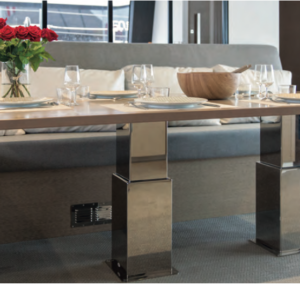 NL0886 2-stage electric table lift in mirror-polished 316 stainless steel, 24V DC marine pedestal for яхt saloon or cockpit installation