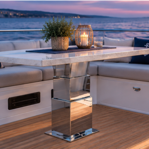 NL2079 – 3-stage 12V motorized stainless steel table pedestal by NOVAL. Ideal for yacht saloons, compatible with dual-pedestal sync