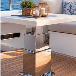 NL2149 – 3-stage 24V motorized stainless steel table pedestal by NOVAL. Ideal for yacht saloons, compatible with dual-pedestal sync