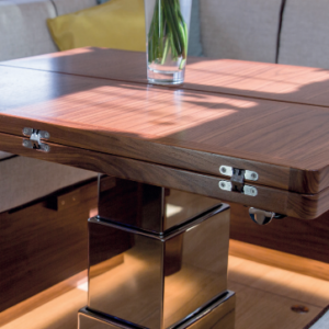 NL2214 – 3-stage 12V motorized stainless steel table pedestal by NOVAL. Ideal for yacht saloons, compatible with dual-pedestal sync