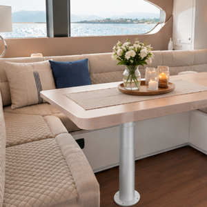 NL2408 24V DC 3-stage cylindrical electric table lift in anodised aluminium for yachts – marine pedestal with 400 mm travel.