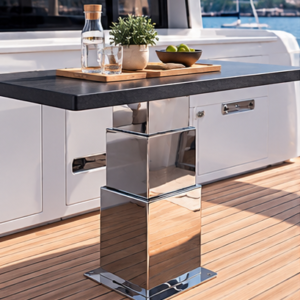 NL2636 – 3-stage 12V motorized stainless steel table pedestal by NOVAL. Ideal for yacht saloons, compatible with dual-pedestal sync