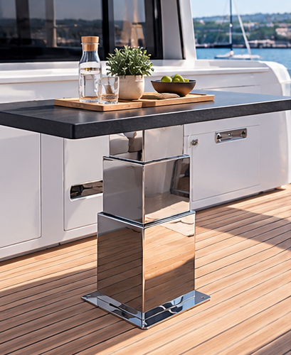 NL2389 – 3-stage 24V motorized stainless steel table pedestal by NOVAL. Ideal for yacht saloons, compatible with dual-pedestal sync