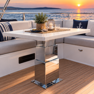 NL2637 – 3-stage 24V motorized stainless steel table pedestal by NOVAL. Ideal for yacht saloons, compatible with dual-pedestal sync