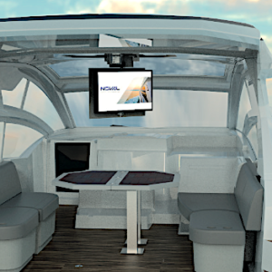 NL3153 exterior ceiling TV lift for yachts. Compact 24V motorized system for 32” TVs with 180° manual swivel, ideal for hard tops.