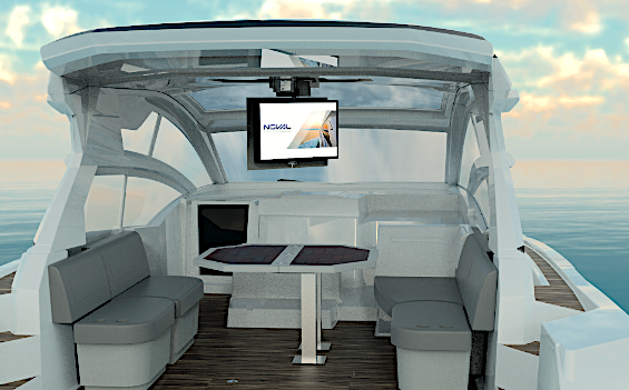 5 NL3153 exterior ceiling TV lift for yachts. Compact 24V motorized system for 32” TVs with 180° manual swivel, ideal for hard tops.