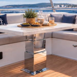 NL2156 – 3-stage 24V motorized stainless steel table pedestal by NOVAL. Ideal for yacht saloons, compatible with dual-pedestal sync