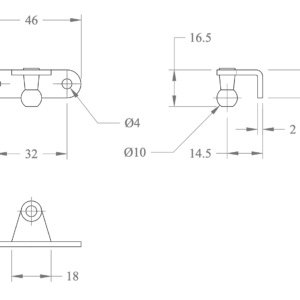 Dimensional drawing of Ø10 ball stud bracket: 46 mm length, 32 mm hole spacing, Ø4 holes, 16.5 mm height, 2 mm thick