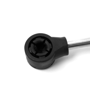 EFBS004P black plastic ball socket end fitting for 10 mm ball, view of the clip opening, mounted on a gas spring rod