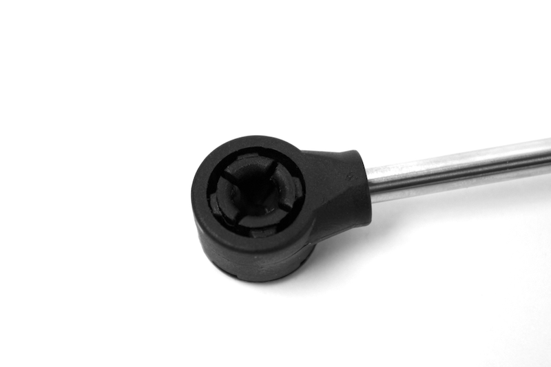 EFBS004P-cover-RESSORTSSPEC-embout_bille_plastique_noir EFBS004P black plastic ball socket end fitting for 10 mm ball, view of the clip opening, mounted on a gas spring rod