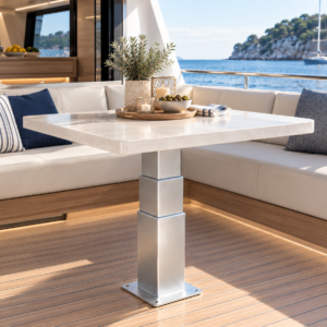 NL2388 electric table lift in extended position - 3-stage rectangular anodized aluminium pedestal 12V DC with square deck and table top mounting plates