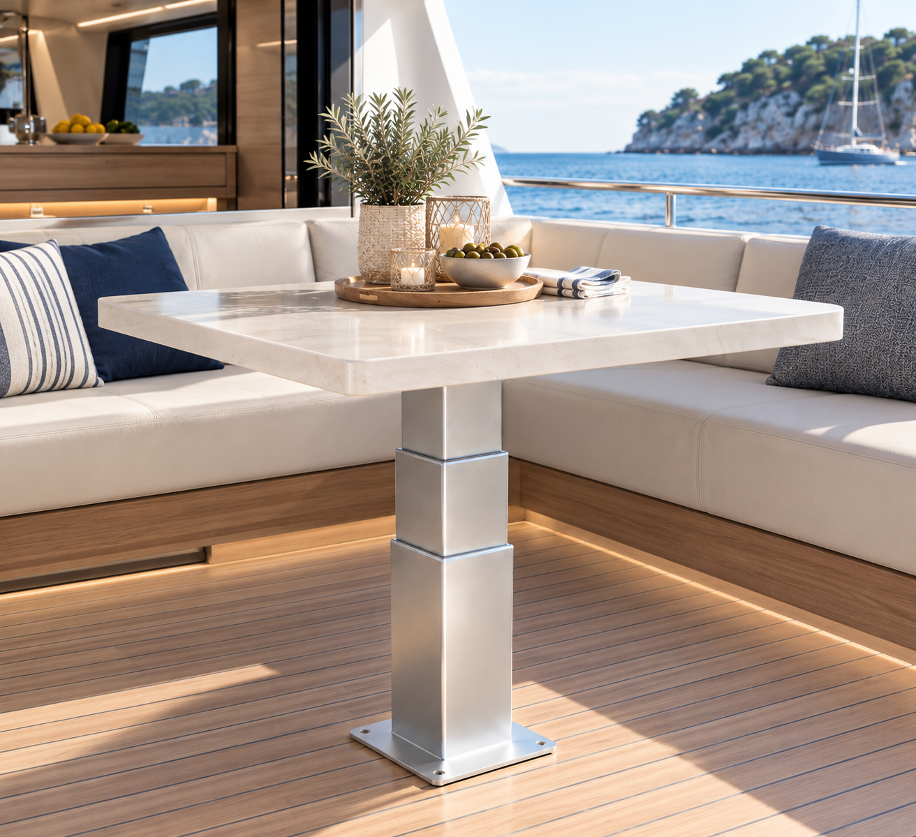 NL2388-cover NL2388 electric table lift in extended position - 3-stage rectangular anodized aluminium pedestal 12V DC with square deck and table top mounting plates