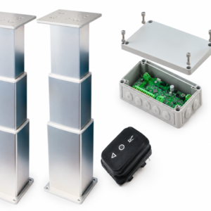 Electric table lift kit NL2388-PAIRE-B - two 3-stage rectangular anodized aluminium legs 12V DC IP55 in extended position, NL2120 synchronization control box and NL1494 rocker switch
