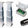 Electric table lift kit NL2388-PAIRE-T - two 3-stage rectangular anodized aluminium legs 12V DC IP55 in extended position, NL2120 synchronization control box and AT5189 4-button remote control