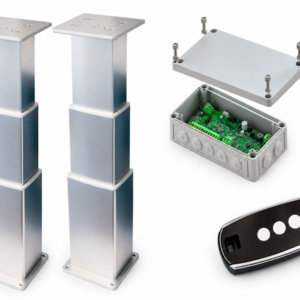 Electric table lift kit NL2388-PAIRE-T - two 3-stage rectangular anodized aluminium legs 12V DC IP55 in extended position, NL2120 synchronization control box and AT5189 4-button remote control