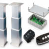 Electric table lift kit NL2388-PAIRE-TB - two 3-stage rectangular anodized aluminium legs 12V DC IP55 in extended position, NL2120 synchronization control box, NL1494 rocker switch and AT5189 4-button remote control