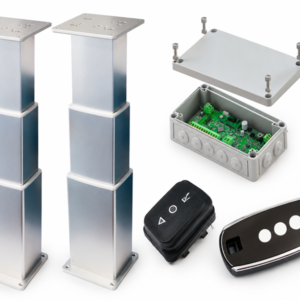 Electric table lift kit NL2388-PAIRE-TB - two 3-stage rectangular anodized aluminium legs 12V DC IP55 in extended position, NL2120 synchronization control box, NL1494 rocker switch and AT5189 4-button remote control